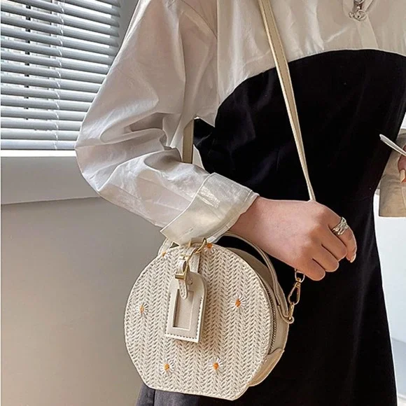 Daisy Flower Embroidered Round Straw Crossbody Bag in Beige - Picture 4 of 8